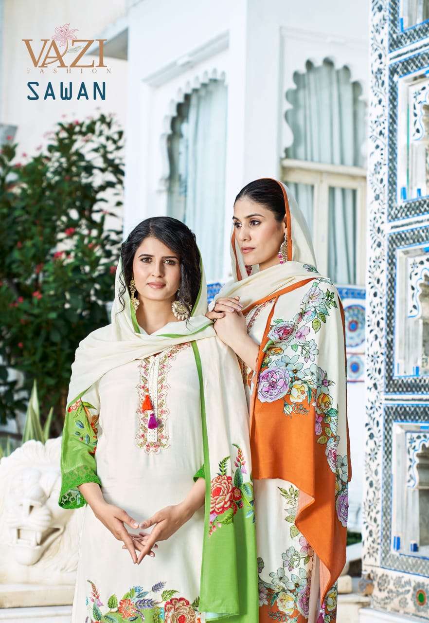 SAWAN BY VAZI FASHION IN PURE VISCOSE MUSLIN PRINT WITH DESGINER FANCY THERD WORK 