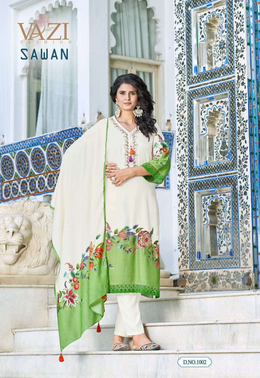 SAWAN BY VAZI FASHION IN PURE VISCOSE MUSLIN PRINT WITH DESGINER FANCY THERD WORK 