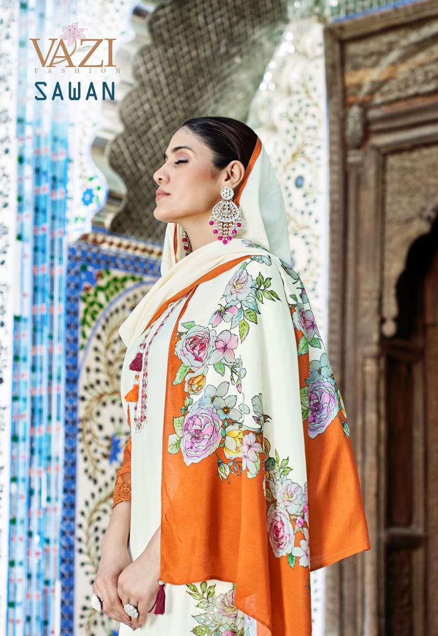 SAWAN BY VAZI FASHION IN PURE VISCOSE MUSLIN PRINT WITH DESGINER FANCY THERD WORK 