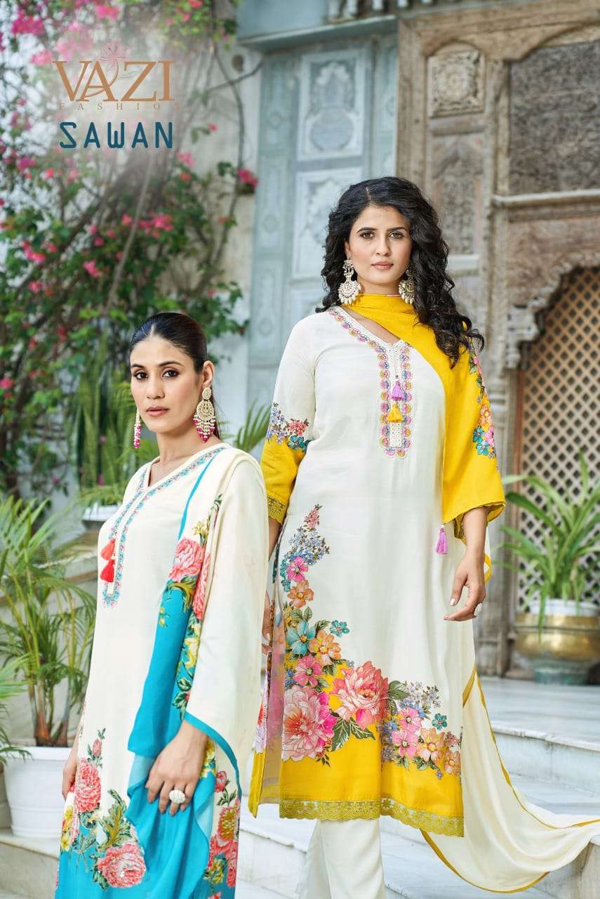 SAWAN BY VAZI FASHION IN PURE VISCOSE MUSLIN PRINT WITH DESGINER FANCY THERD WORK 