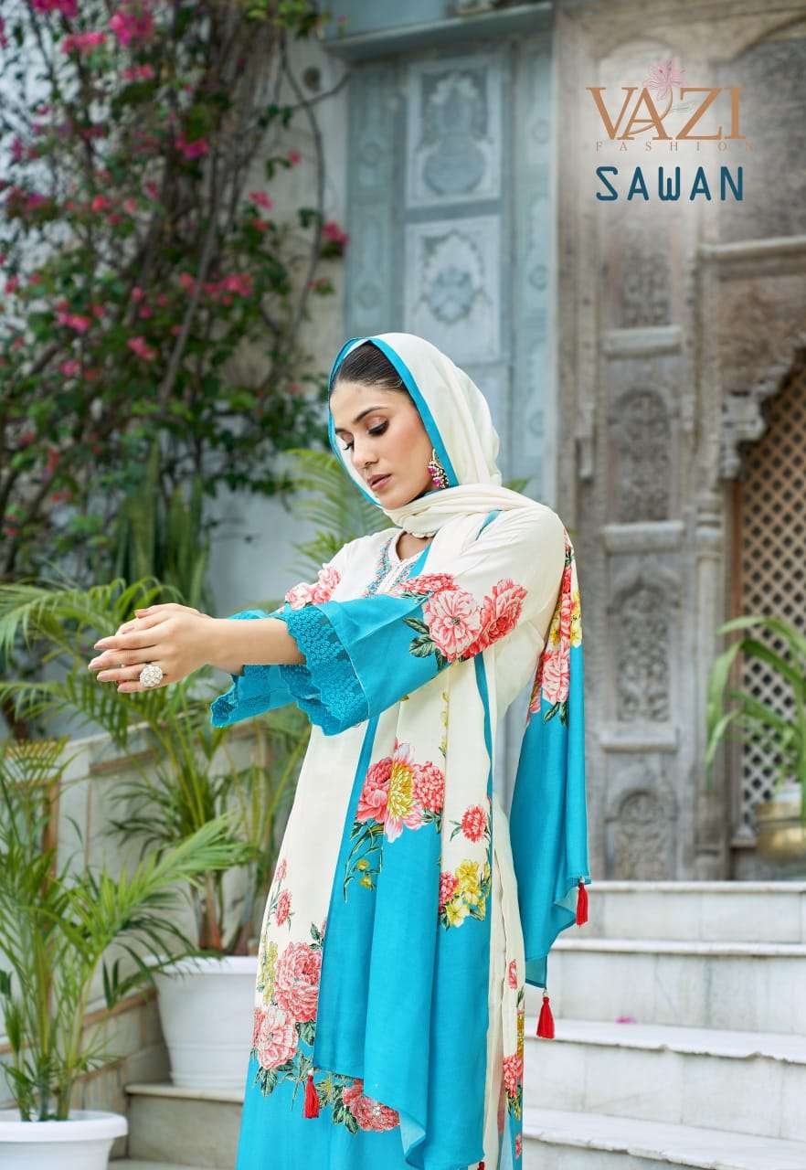SAWAN BY VAZI FASHION IN PURE VISCOSE MUSLIN PRINT WITH DESGINER FANCY THERD WORK 