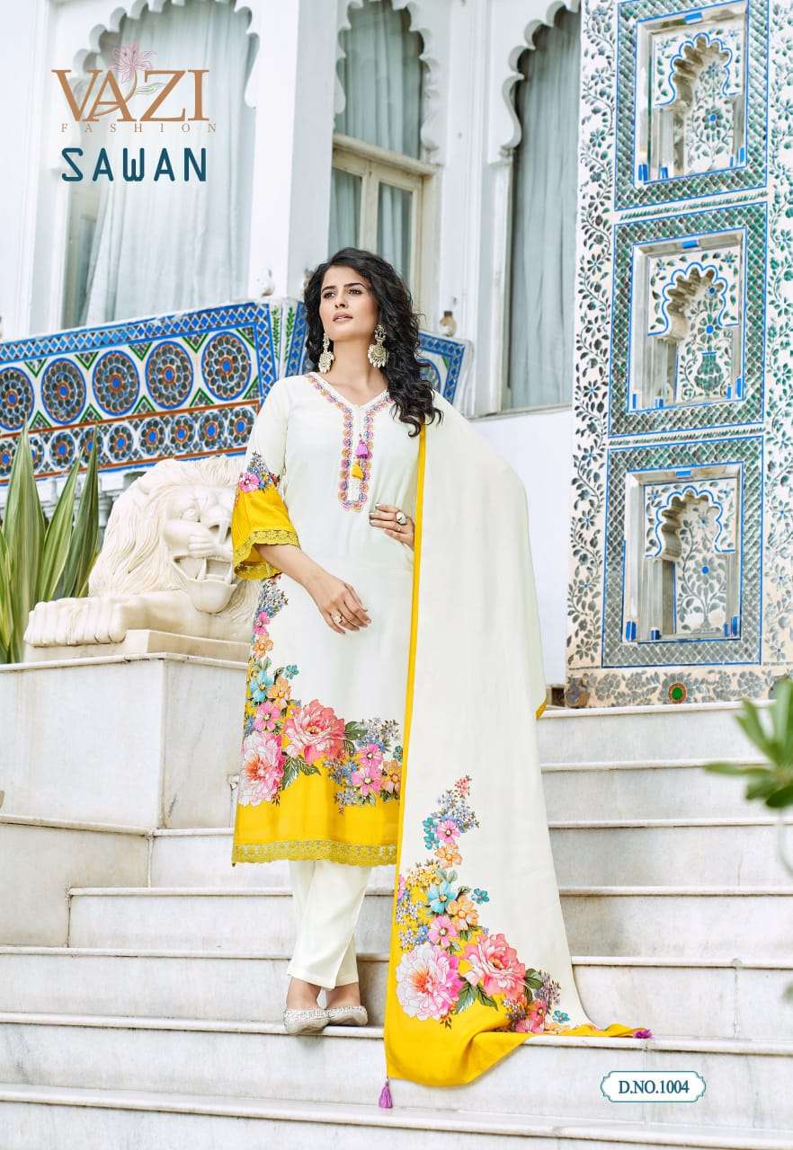 SAWAN BY VAZI FASHION IN PURE VISCOSE MUSLIN PRINT WITH DESGINER FANCY THERD WORK 