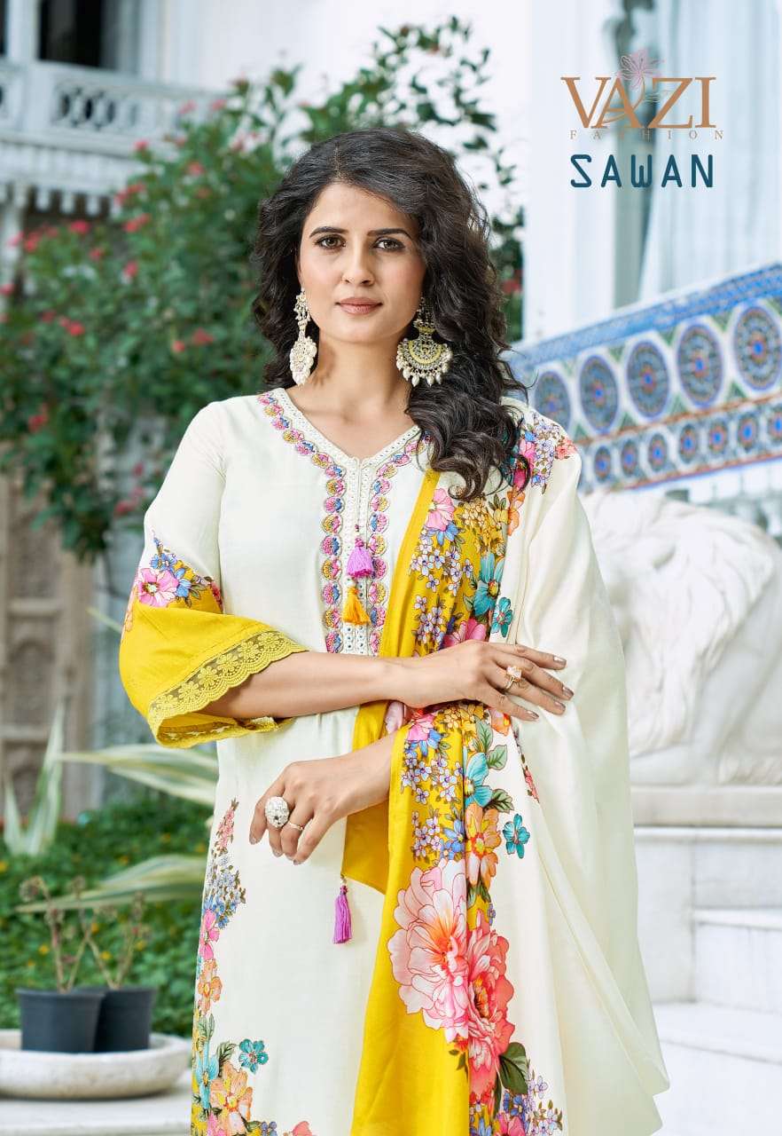 SAWAN BY VAZI FASHION IN PURE VISCOSE MUSLIN PRINT WITH DESGINER FANCY THERD WORK 