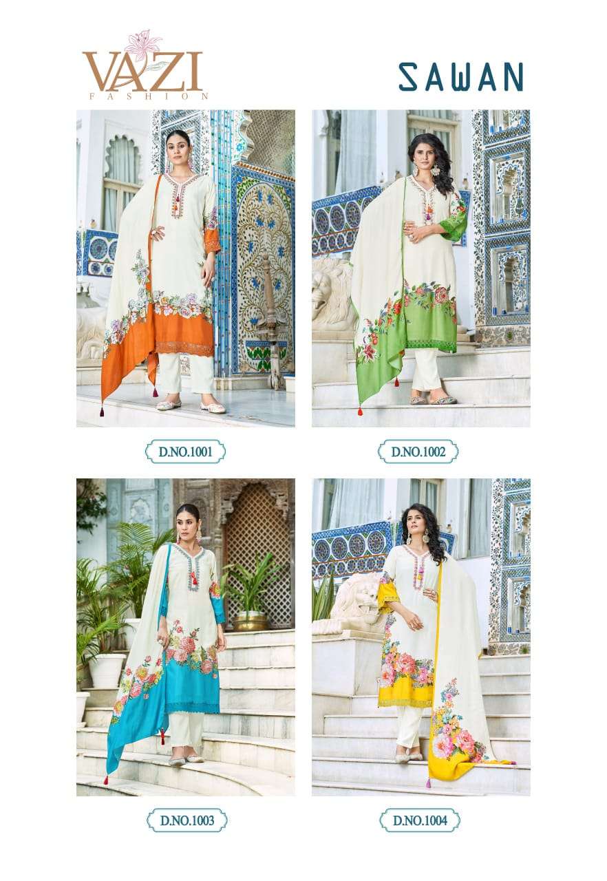 SAWAN BY VAZI FASHION IN PURE VISCOSE MUSLIN PRINT WITH DESGINER FANCY THERD WORK 