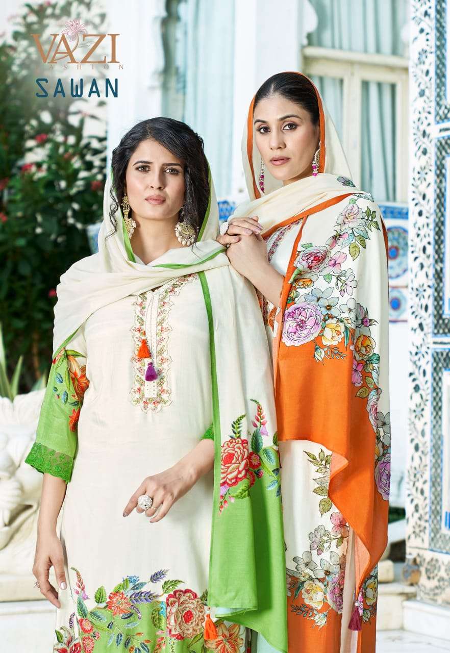 SAWAN BY VAZI FASHION IN PURE VISCOSE MUSLIN PRINT WITH DESGINER FANCY THERD WORK 