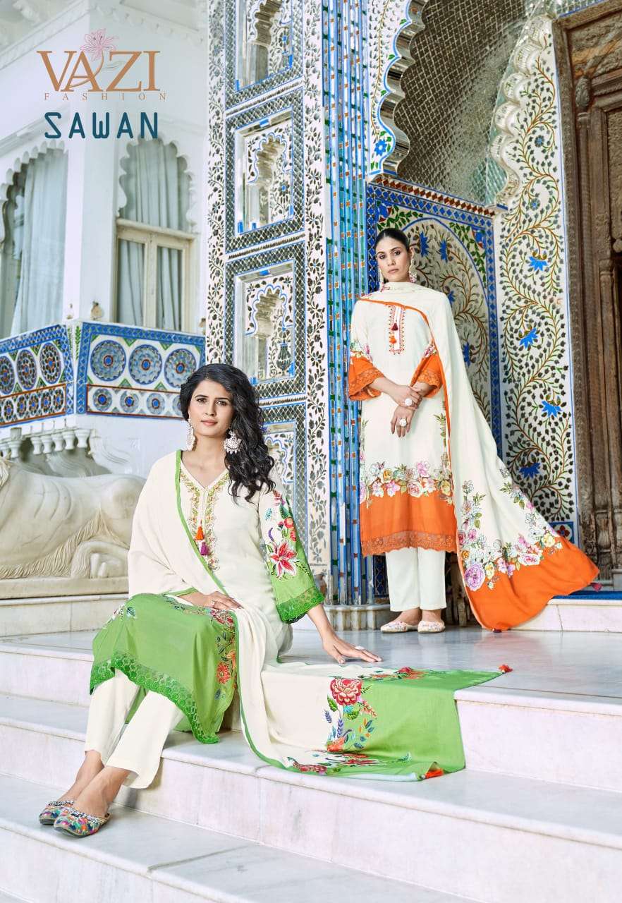 SAWAN BY VAZI FASHION IN PURE VISCOSE MUSLIN PRINT WITH DESGINER FANCY THERD WORK 