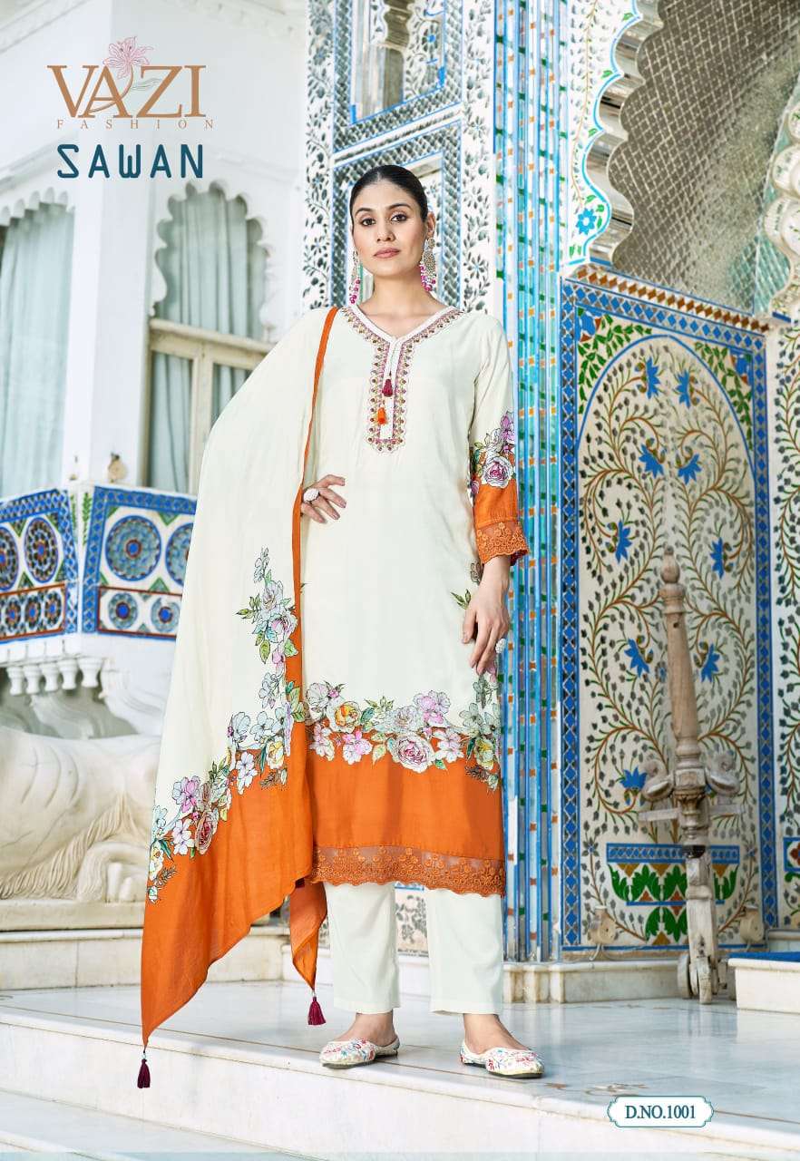 SAWAN BY VAZI FASHION IN PURE VISCOSE MUSLIN PRINT WITH DESGINER FANCY THERD WORK 