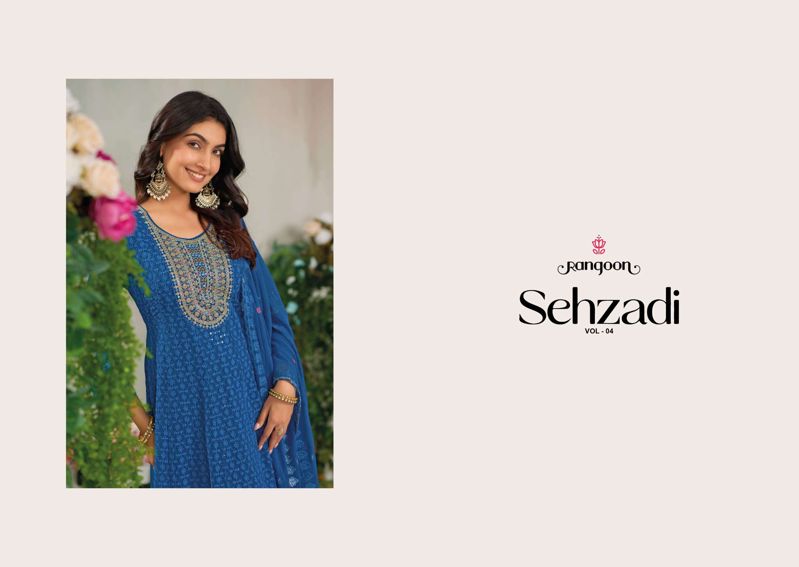 SEHZADI VOL:- 4 BY RANGOO IN SIFLI GEORGATE WITH FANCY NACK HANDWORK ANARKALI STYLE