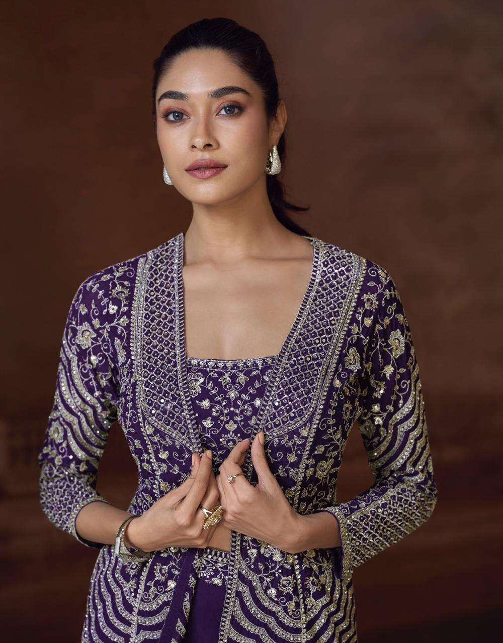 SILKY BY SAYURI DESIGNER IN REAL PREMIUM CHINON SILK WITH BACK EMBROIDERED SHORT JACKET