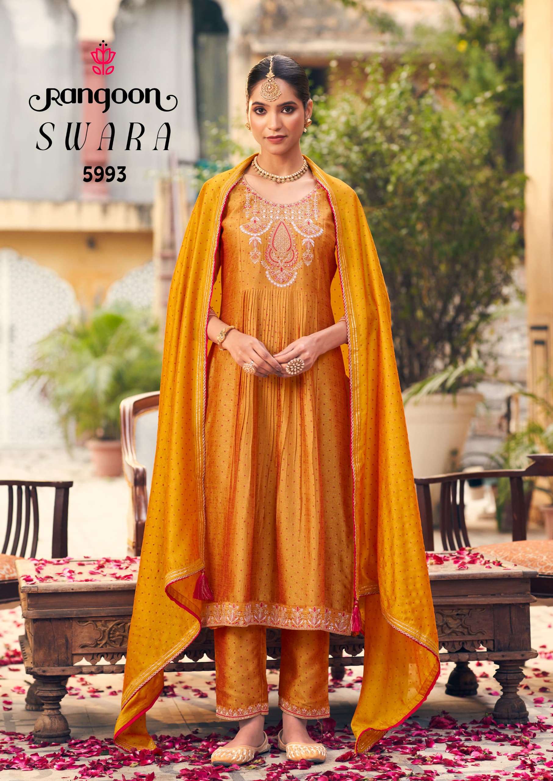 SWARA BY RANGOON IN SILK WITH FANCY WORK AND IVORY PRINT AND FULL INNER  