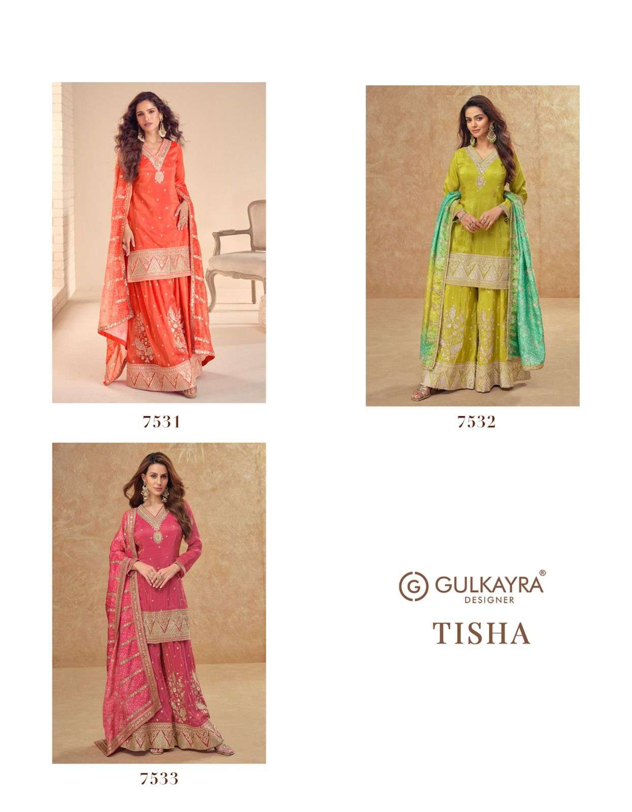TISHA BY GULKAYRA DESIGNER IN REAL SIMMER SILK WITH EMBROIDERY WORK TOP PLAZZO & DUPATTA 