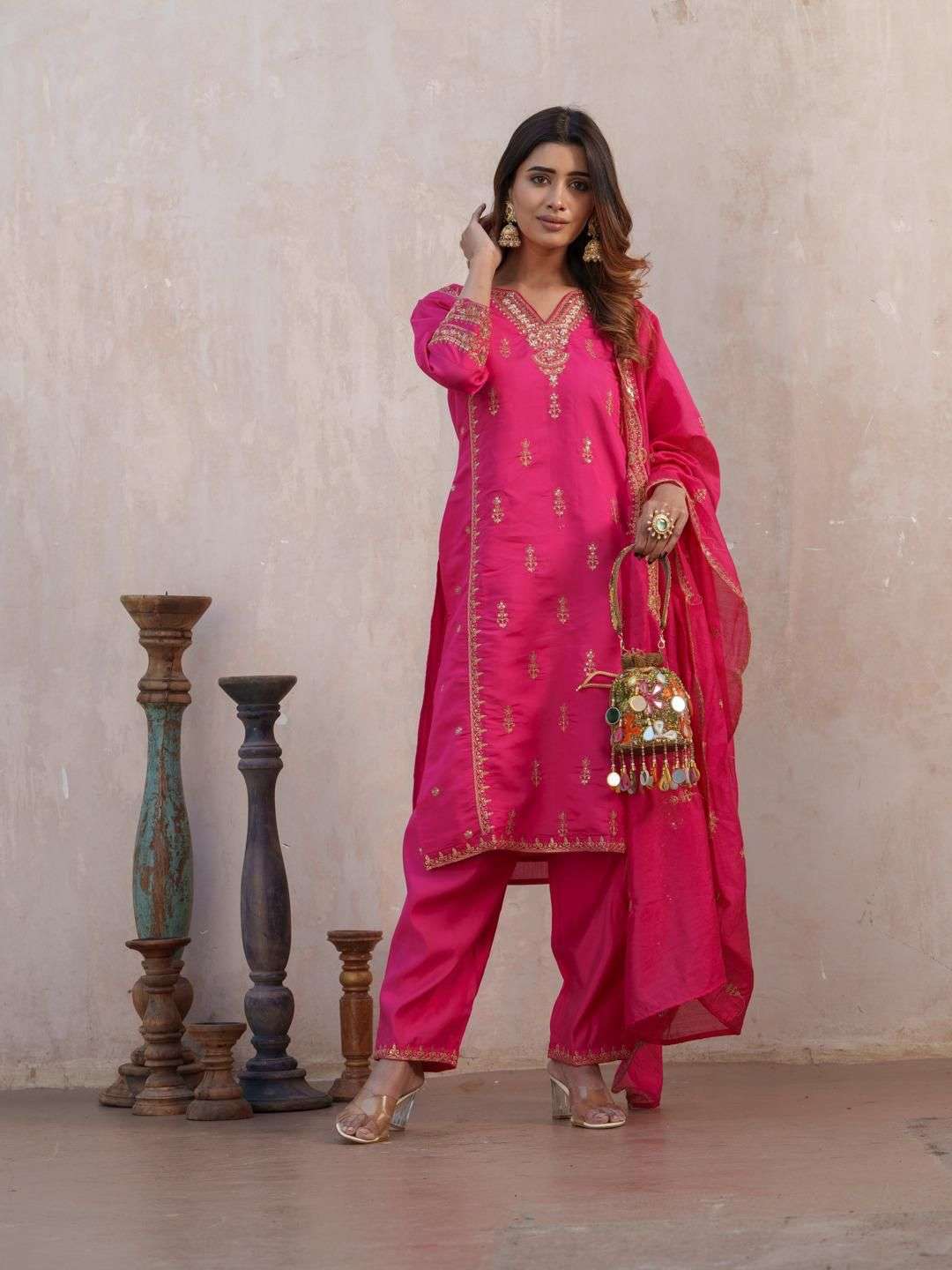 VOL-14 BY TEXOFAB IN ROMAN SILK WITH HEAVY EMBROIDERY WORK AND ORGANZA DUPATTA 