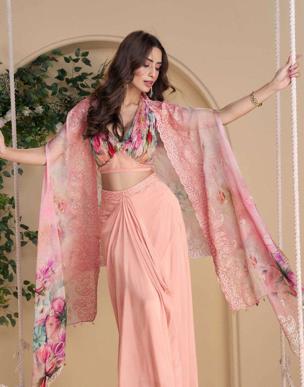 WONAYA BY SAYURI DESIGNER IN PREMIUM REAL CHINON SILK WITH HEAVY EMBROIDERED SHRUG 