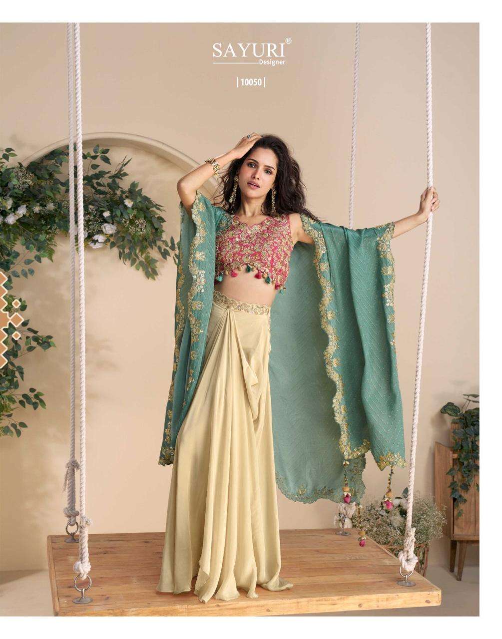 WONAYA BY SAYURI DESIGNER IN PREMIUM REAL CHINON SILK WITH HEAVY EMBROIDERED SHRUG 