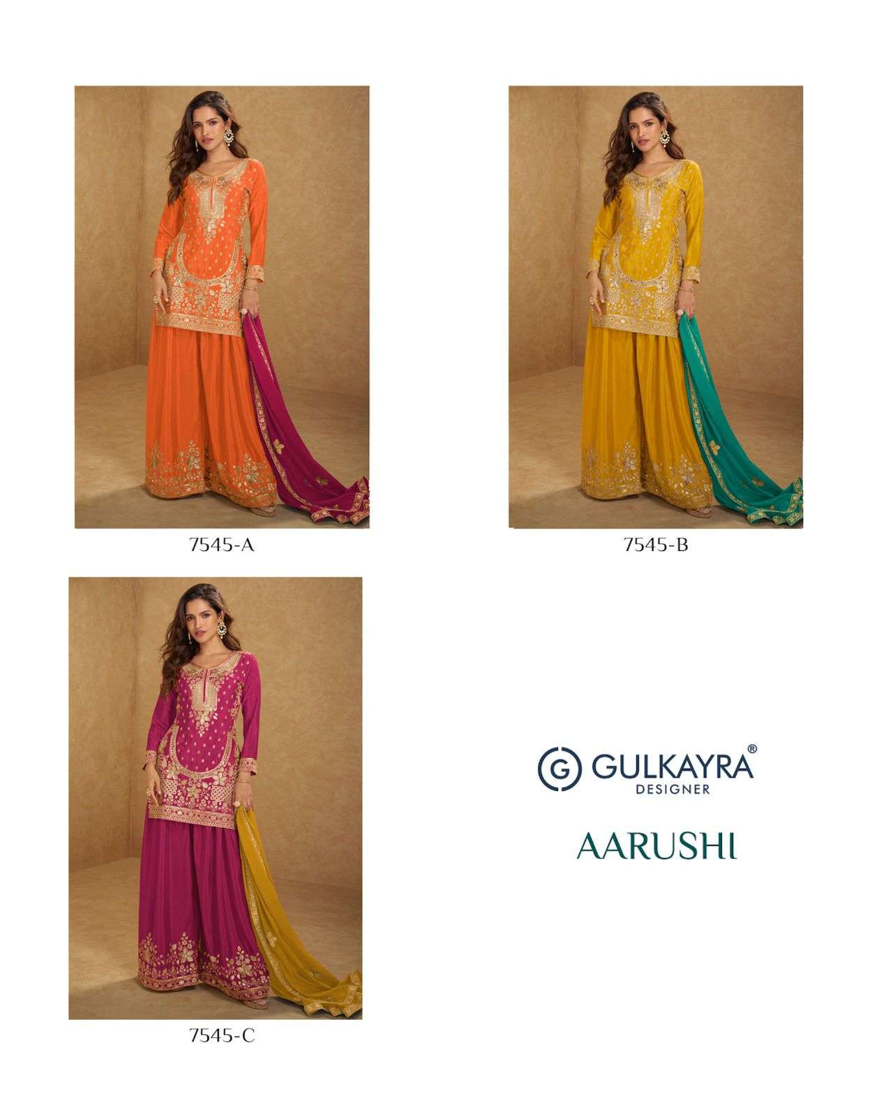 AARUSHI BY GULKAYRA DESIGNER IN REAL CHINON TOP PALAZZO & DUPATTA WITH EMBROIDERY WORK 