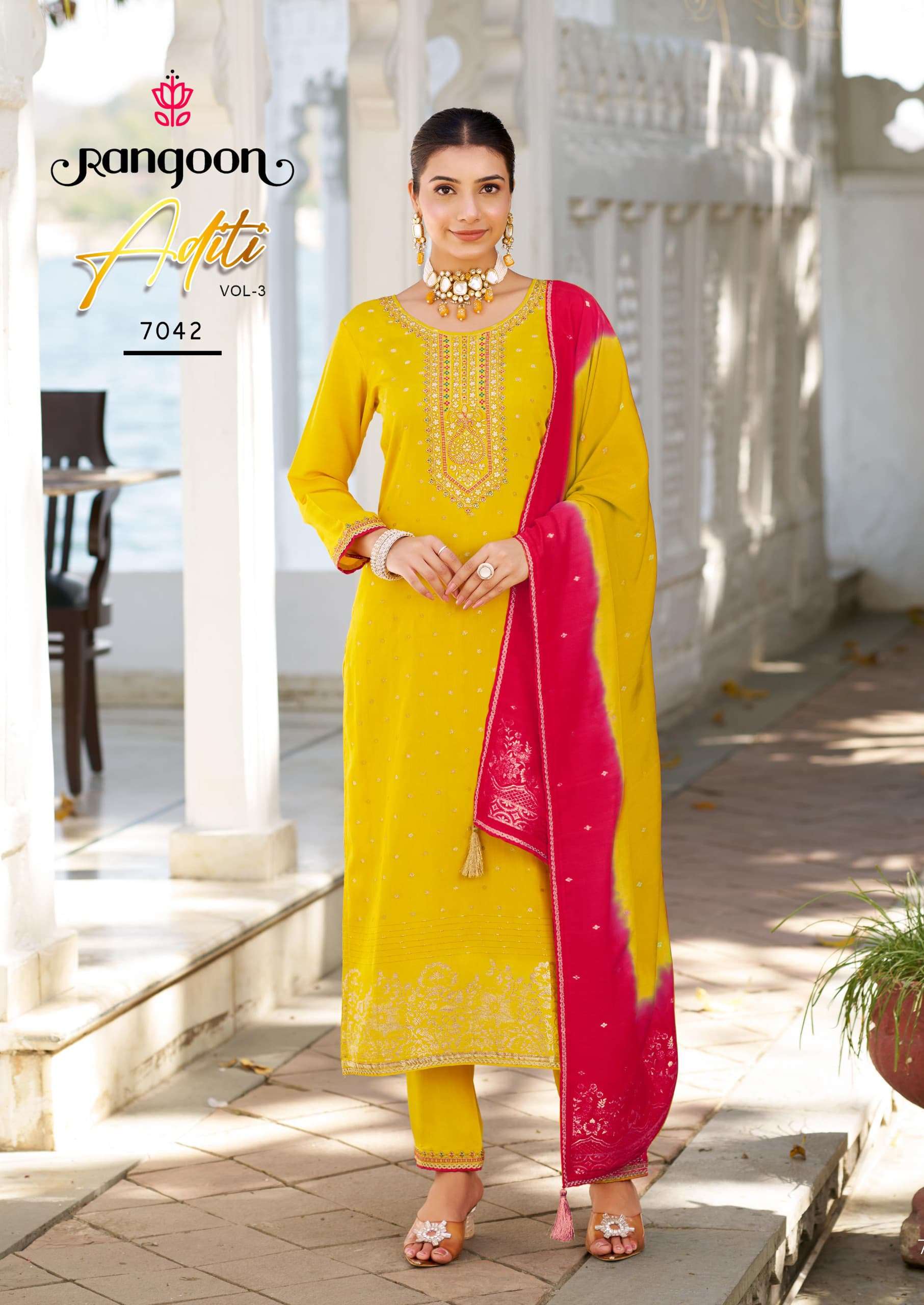 ADITI VOL-3 BY RANGOON PURE VISCOSE JACQUARD WITH EMBROIDERY WORK NECK AND FULL INNER 