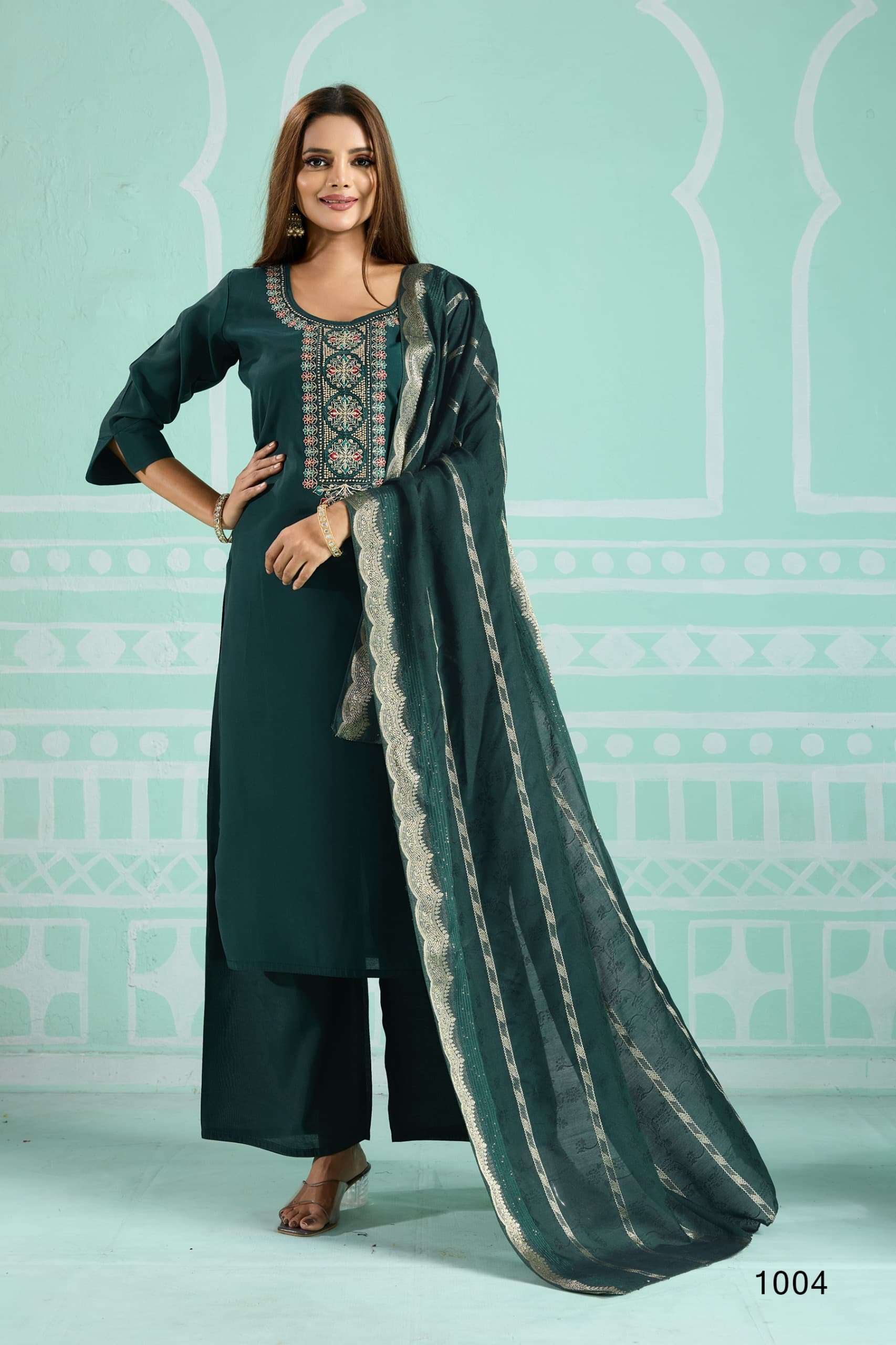AQEELAH BY AYUSH FASHION IN ROMAN SILK WITH COTTON INNER KURTI PLAZZO WITH DUPATTA 