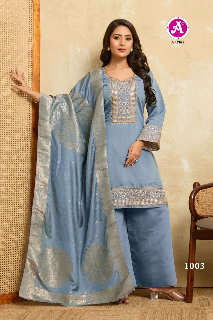 AQSA BY AYUSH FASHION IN ROMAN SILK WITH COTTON INNER KURTI PLAZZO WITH DUPATTA 