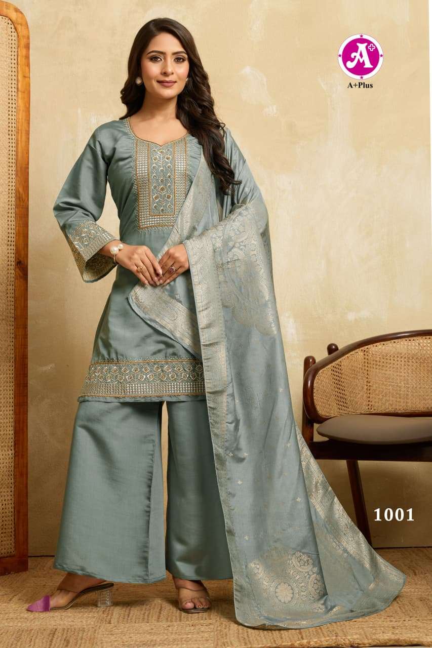 AQSA BY AYUSH FASHION IN ROMAN SILK WITH COTTON INNER KURTI PLAZZO WITH DUPATTA 