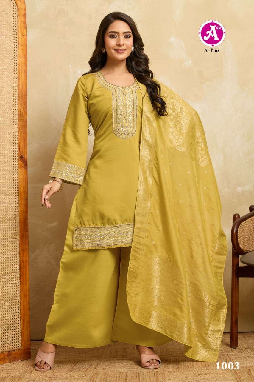 AREESHA BY AYUSH FASHION IN ROMAN VISCOSE SILK WITH COTTON INNER KURTI PLAZZO WITH DUPATTA 