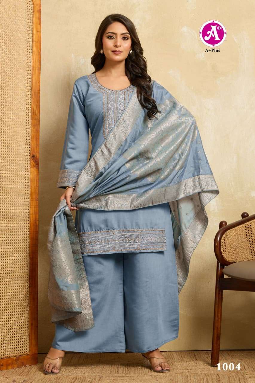 AREESHA BY AYUSH FASHION IN ROMAN VISCOSE SILK WITH COTTON INNER KURTI PLAZZO WITH DUPATTA 