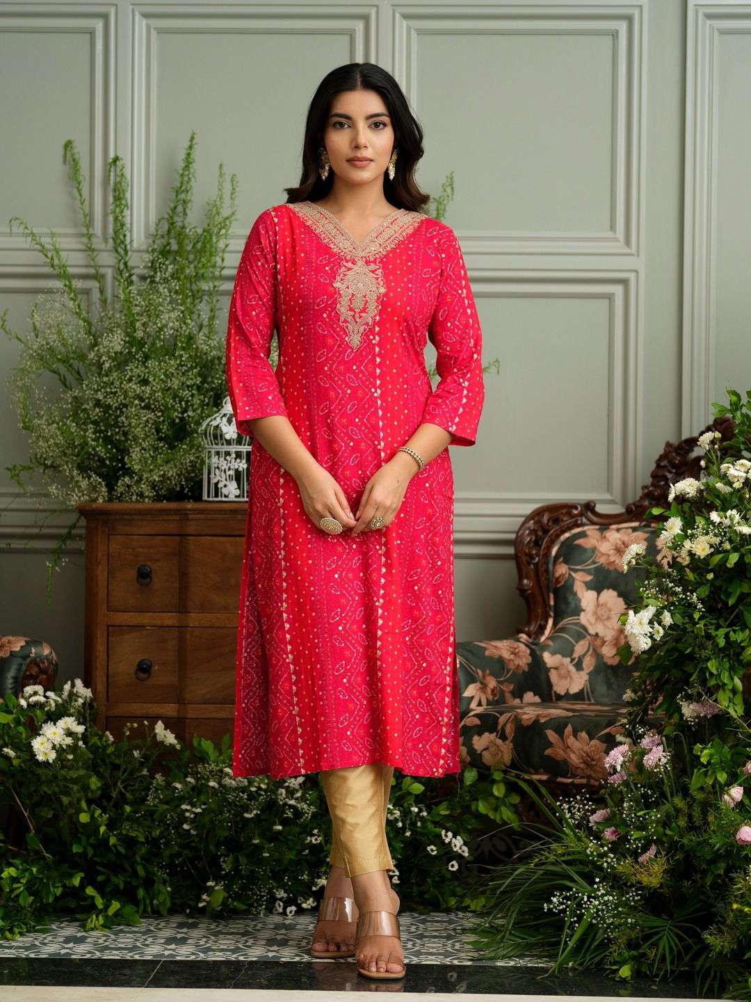 BANDHANI KURTIS BY TEXOFAB IN HEAVY RAYON WITH EMBROIDERY WORK 