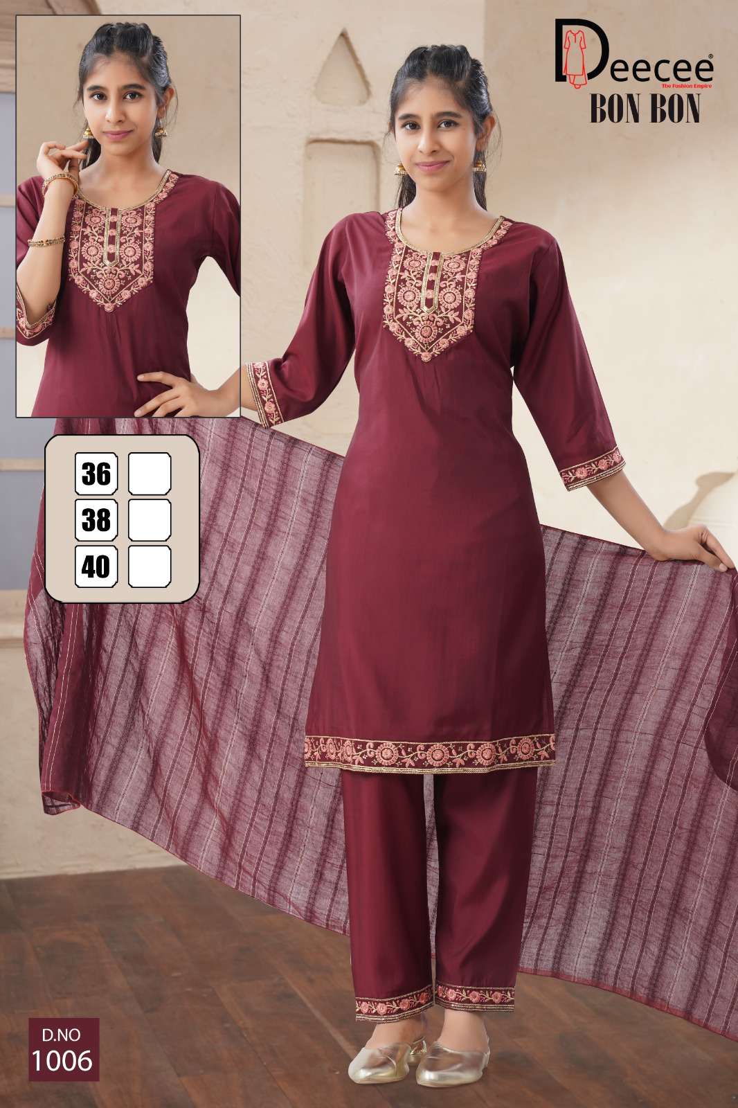 BON-BON BY DEECEE IN ROMAN SILK PLAIN FABRIC STRAIGHT KURTI WITH SEQUENCE NECK DESIGN 