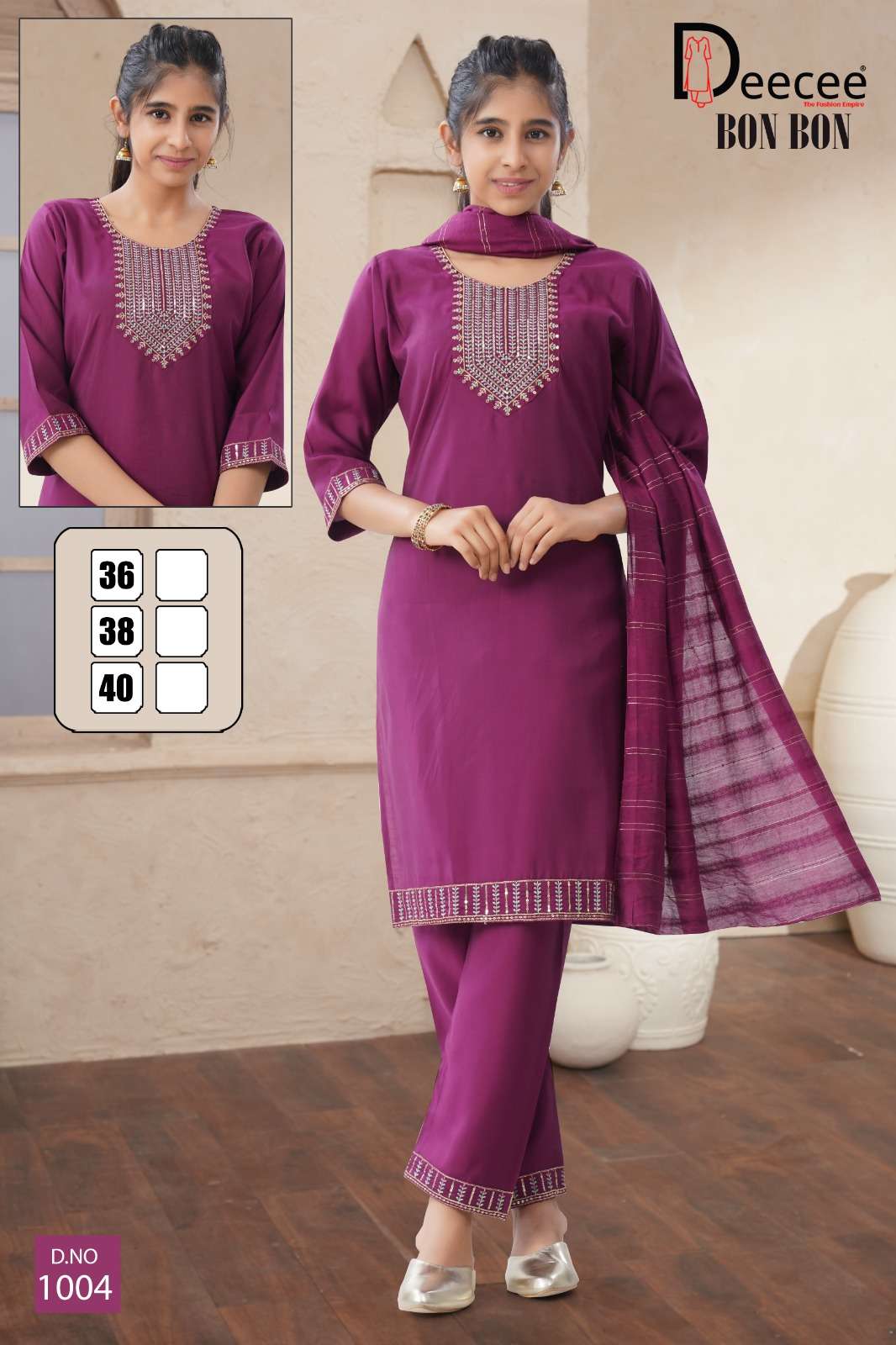BON-BON BY DEECEE IN ROMAN SILK PLAIN FABRIC STRAIGHT KURTI WITH SEQUENCE NECK DESIGN 