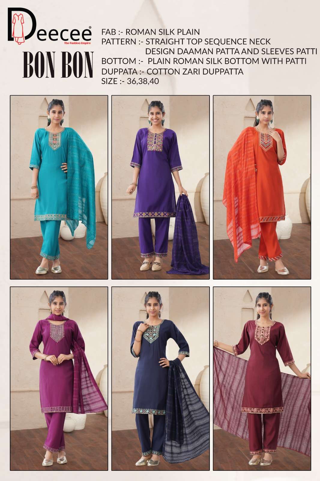 BON-BON BY DEECEE IN ROMAN SILK PLAIN FABRIC STRAIGHT KURTI WITH SEQUENCE NECK DESIGN 