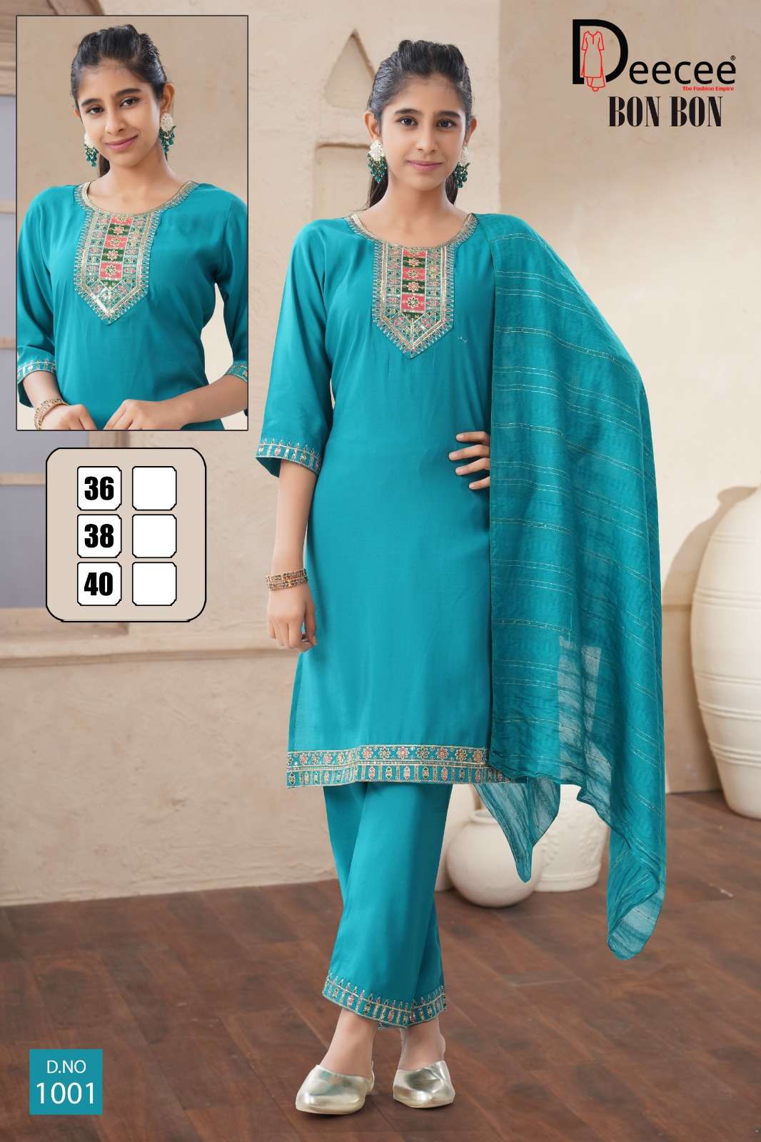 BON-BON BY DEECEE IN ROMAN SILK PLAIN FABRIC STRAIGHT KURTI WITH SEQUENCE NECK DESIGN 