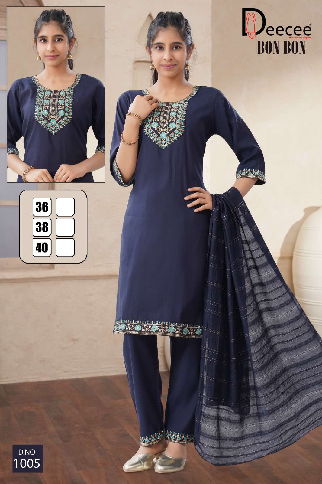 BON-BON BY DEECEE IN ROMAN SILK PLAIN FABRIC STRAIGHT KURTI WITH SEQUENCE NECK DESIGN 