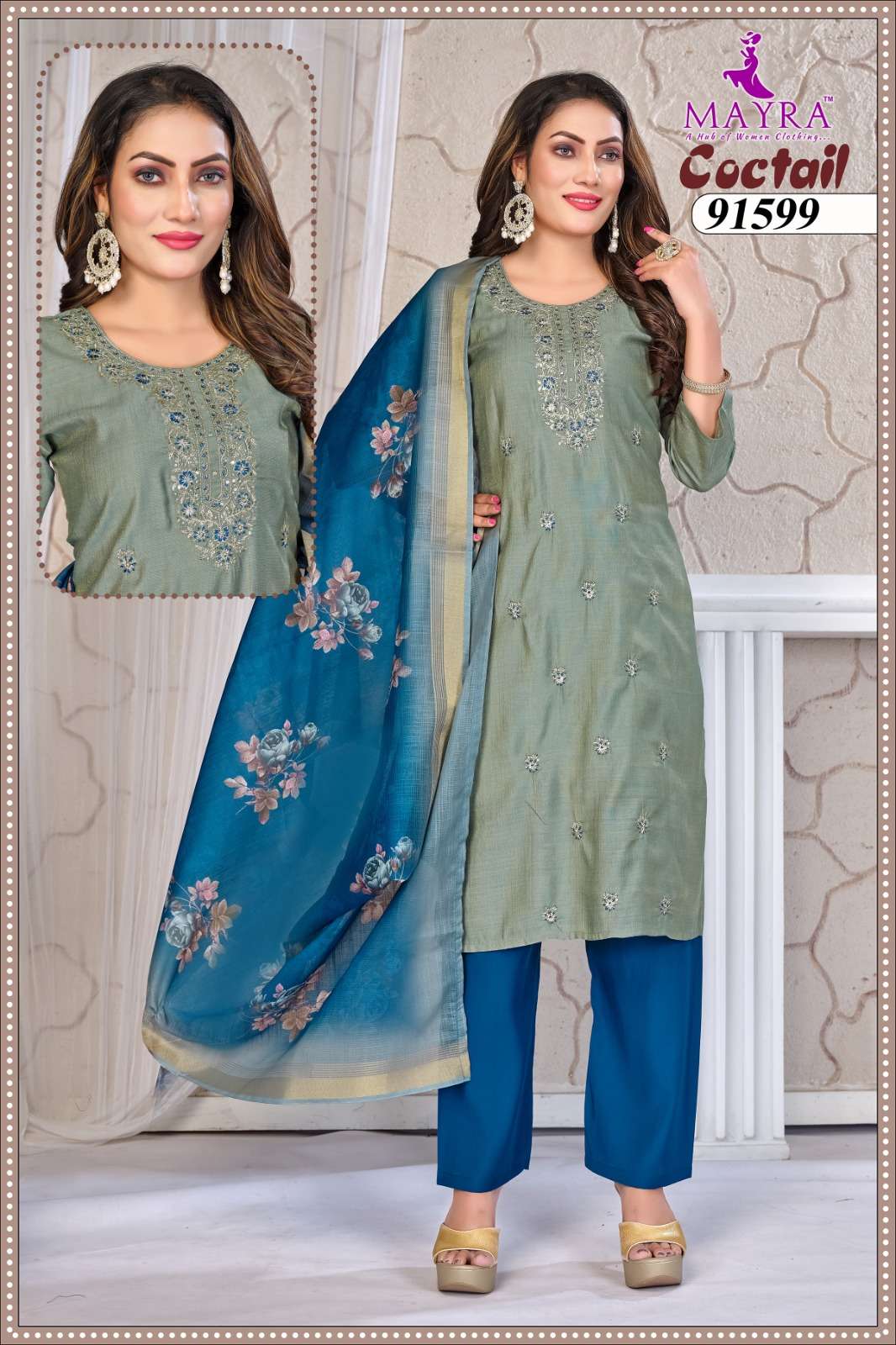 COCTAIL BY MAYRA FASHION IN VERTICAN SIMMER WITH SEQUENCE EMBROIDERY PANEL WORK