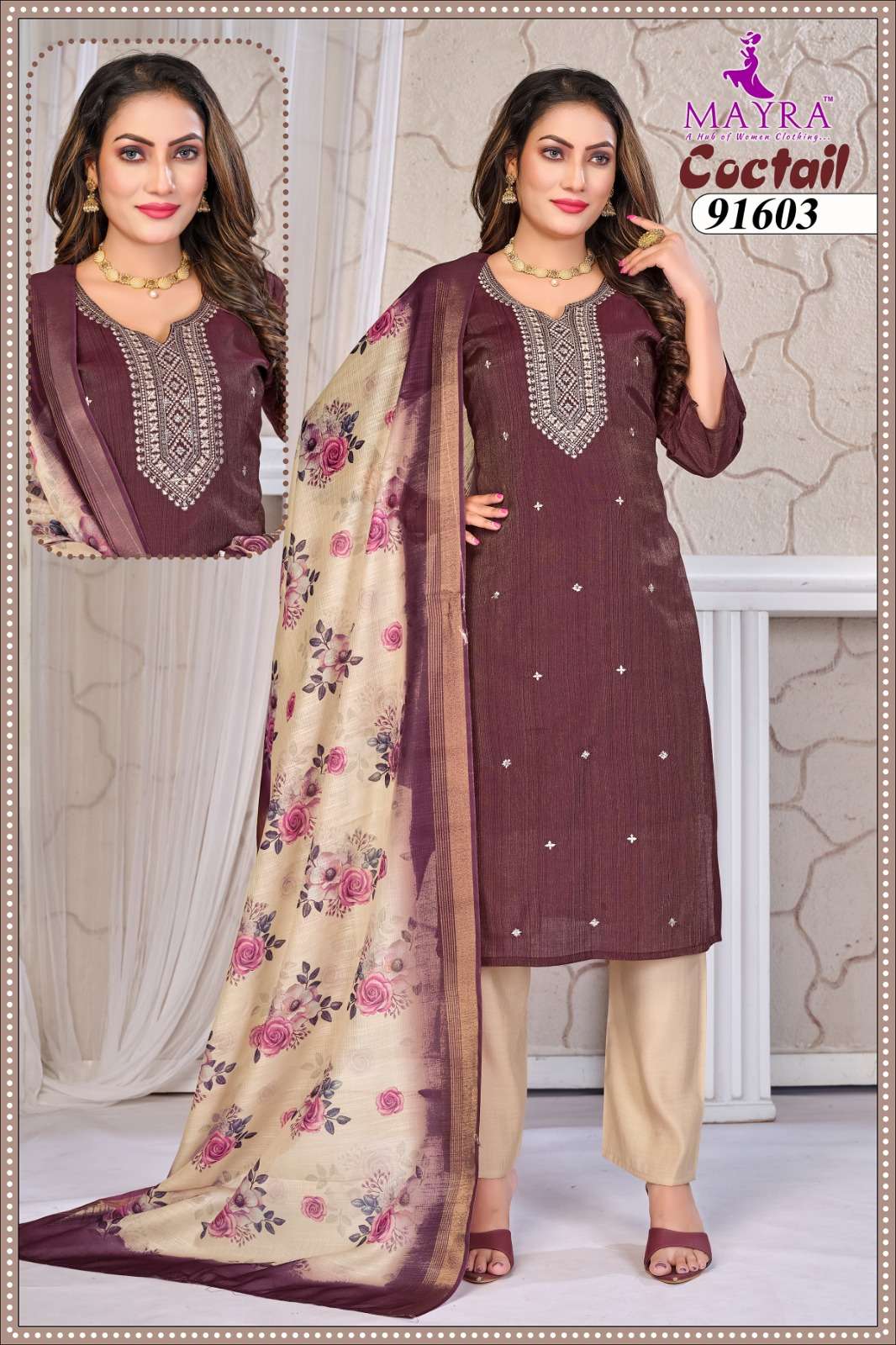 COCTAIL BY MAYRA FASHION IN VERTICAN SIMMER WITH SEQUENCE EMBROIDERY PANEL WORK