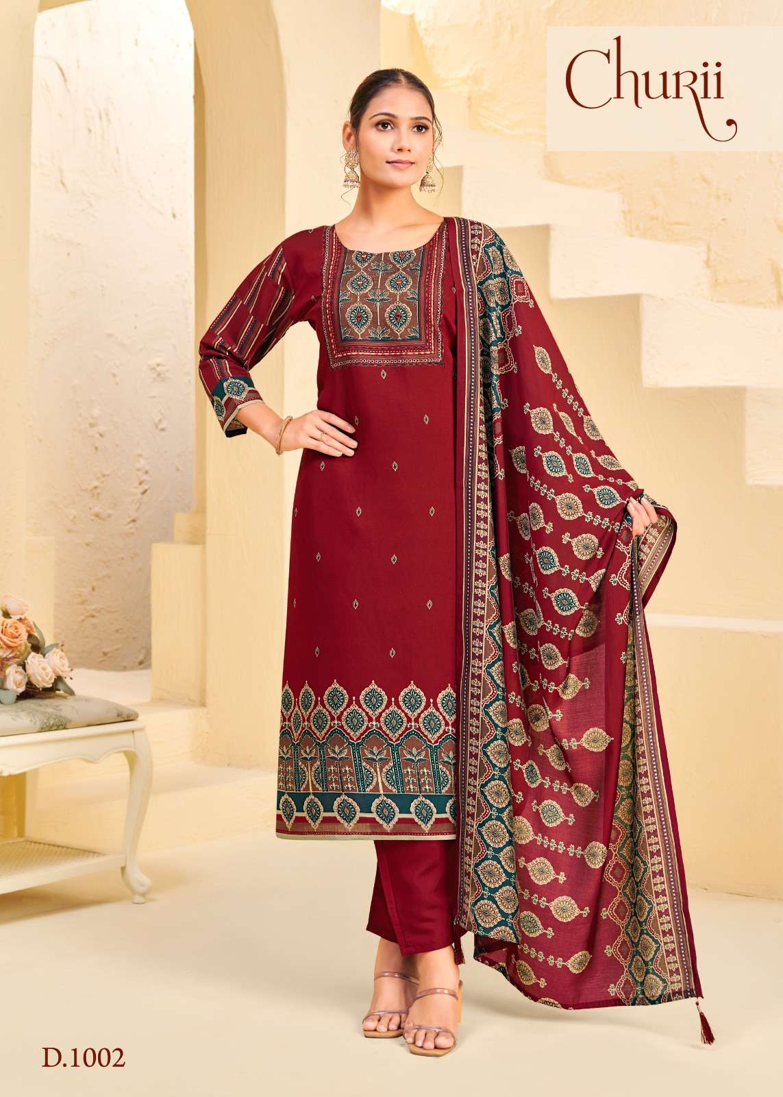 CORAL BELLS BY CHURII IN SOFT VISCOSE SILK PANT WITH POCKTS AND AJRAK PRINT WITH HANDWORK 