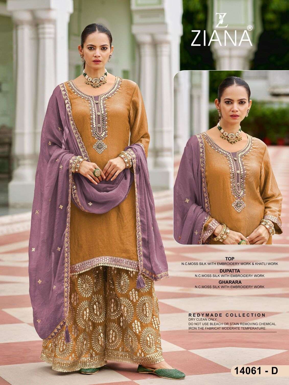 D.NO :- 14061 BY ZIANA IN MOSS SILK WITH EMBROIDERY WORK & KHATLI WORK 