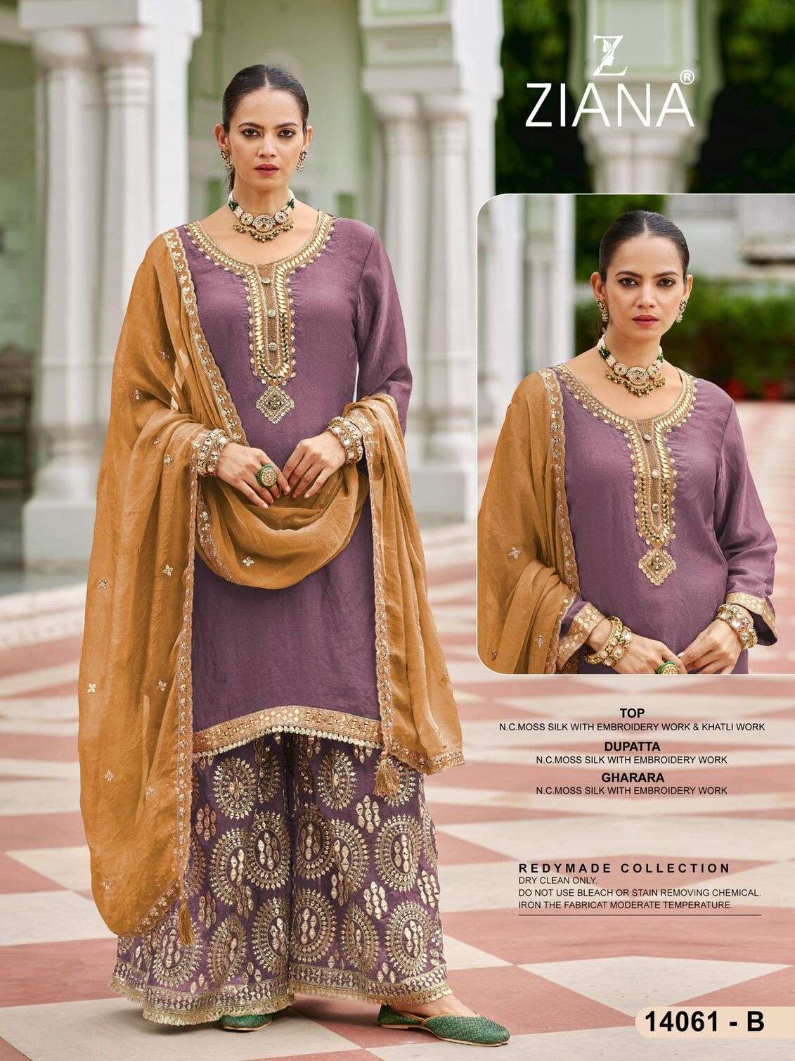 D.NO :- 14061 BY ZIANA IN MOSS SILK WITH EMBROIDERY WORK & KHATLI WORK 