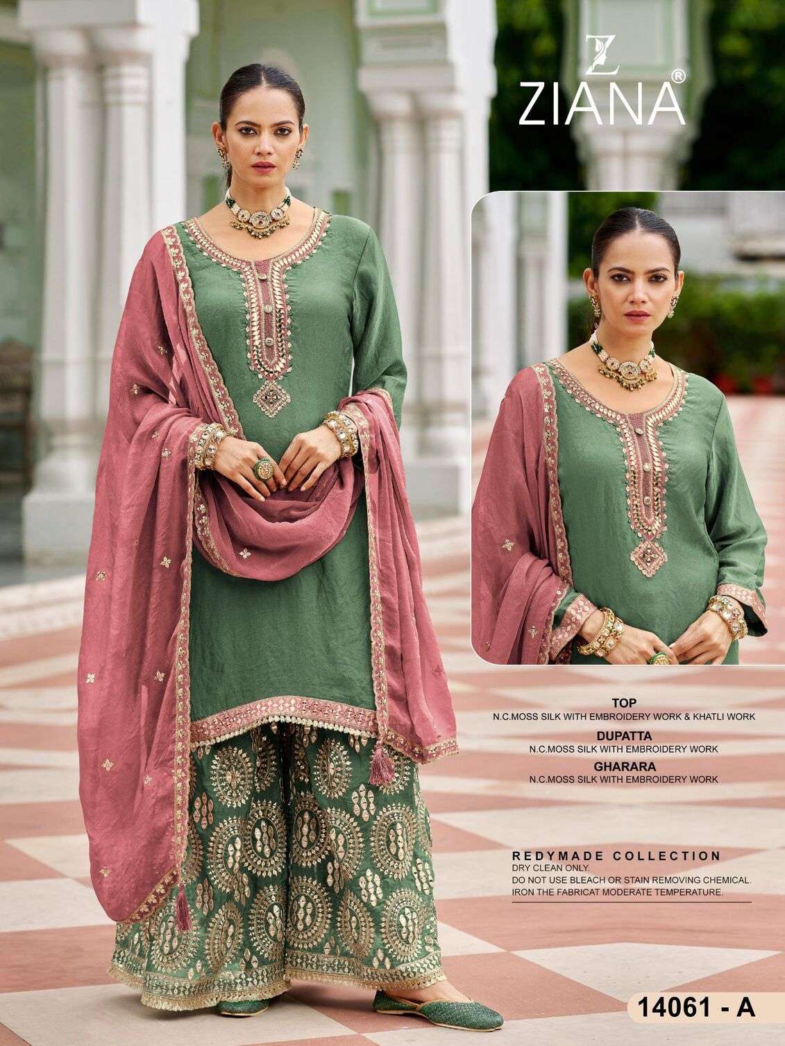 D.NO :- 14061 BY ZIANA IN MOSS SILK WITH EMBROIDERY WORK & KHATLI WORK 