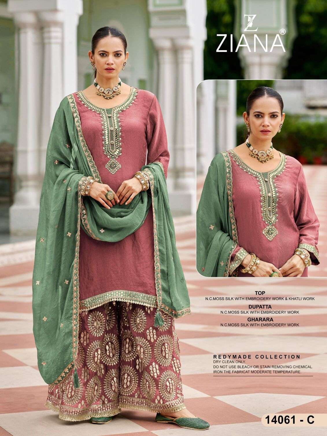 D.NO :- 14061 BY ZIANA IN MOSS SILK WITH EMBROIDERY WORK & KHATLI WORK 