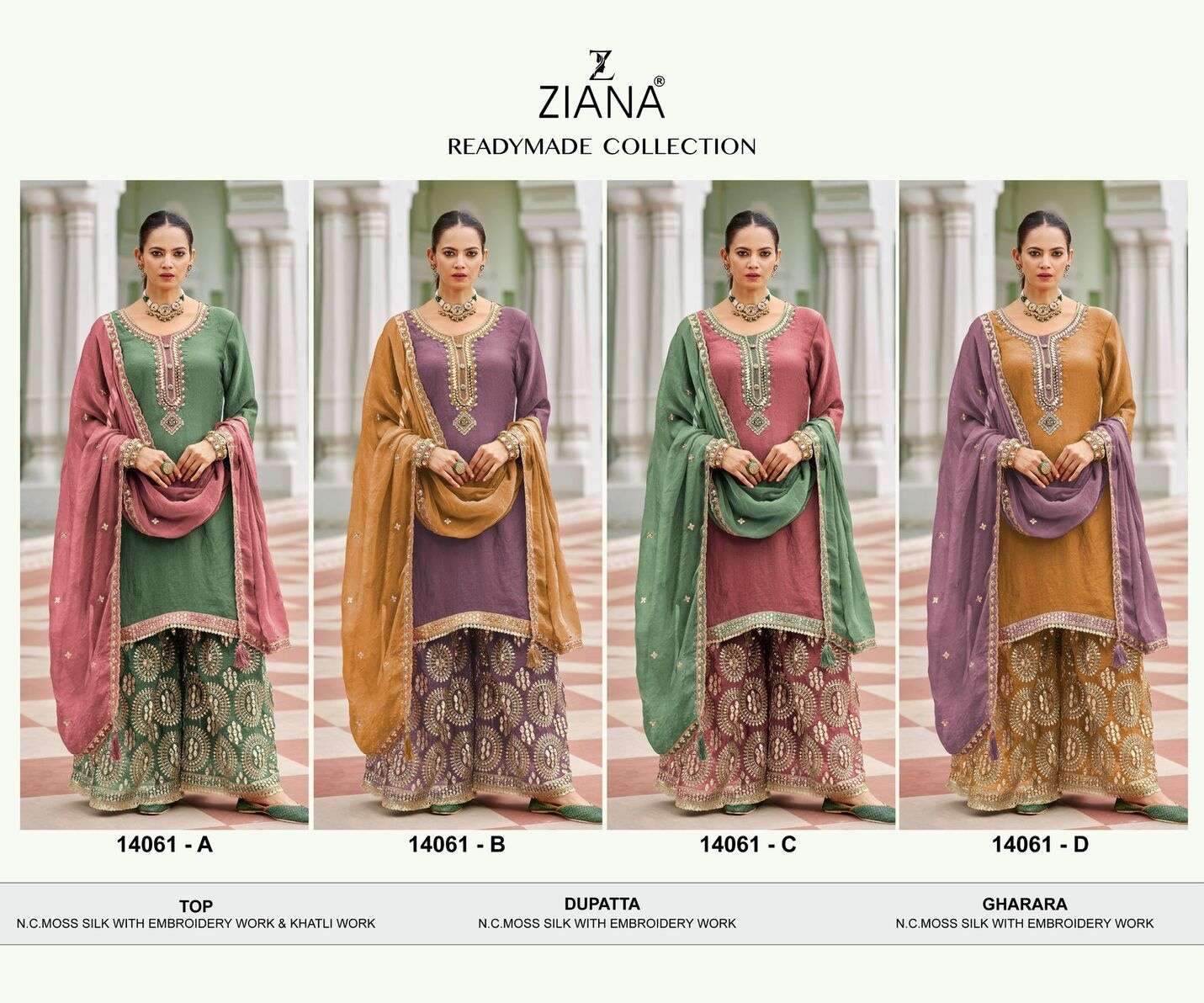 D.NO :- 14061 BY ZIANA IN MOSS SILK WITH EMBROIDERY WORK & KHATLI WORK 