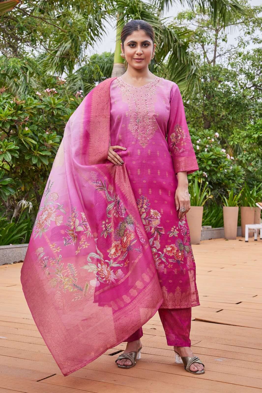 D.NO :- 2804-B BY MCLOTHING IN CHANDERI JACQUARD WITH DIGITAL PRINT WITH HAND WORK 