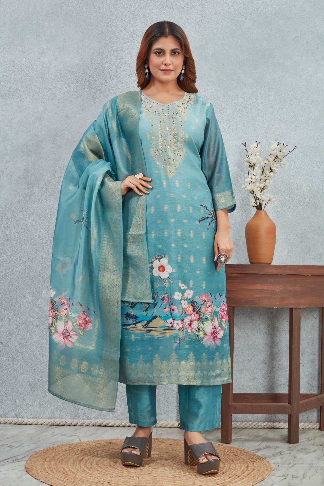 D.NO :- 2804-B BY MCLOTHING IN CHANDERI JACQUARD WITH DIGITAL PRINT WITH HAND WORK 