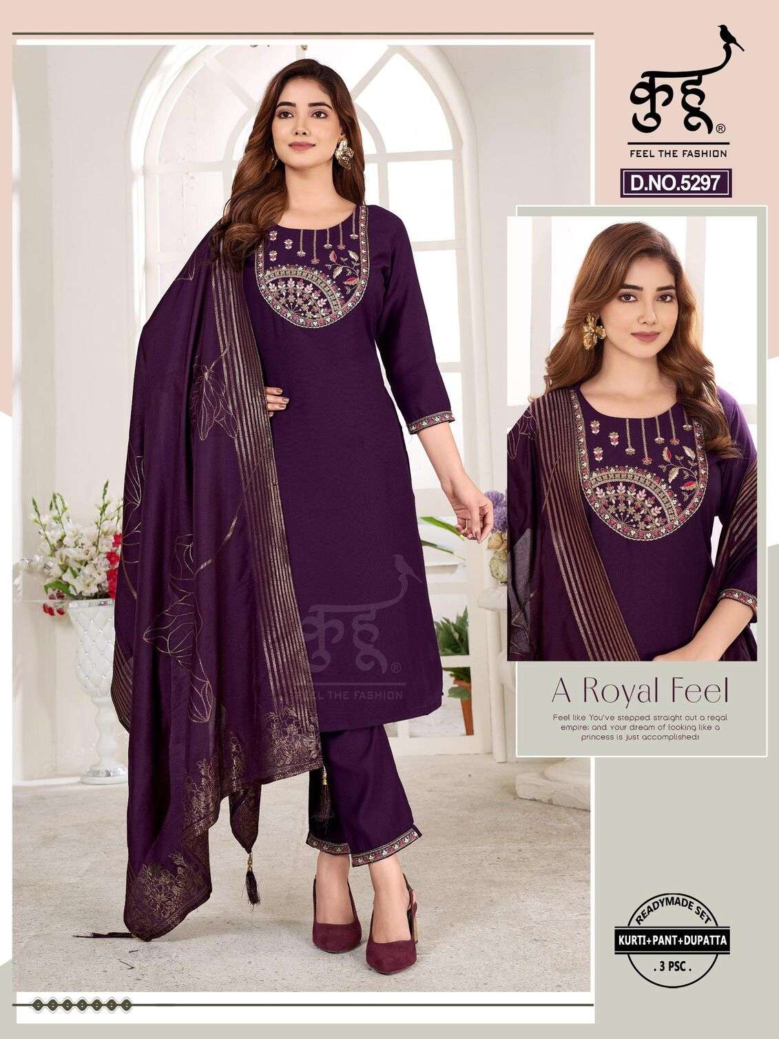 D.NO :- 5296 TO 5298 BY KUHOO IN VATICAN SILK WITH EMBROIDERY WORK & JACQUARD DUPATTA 