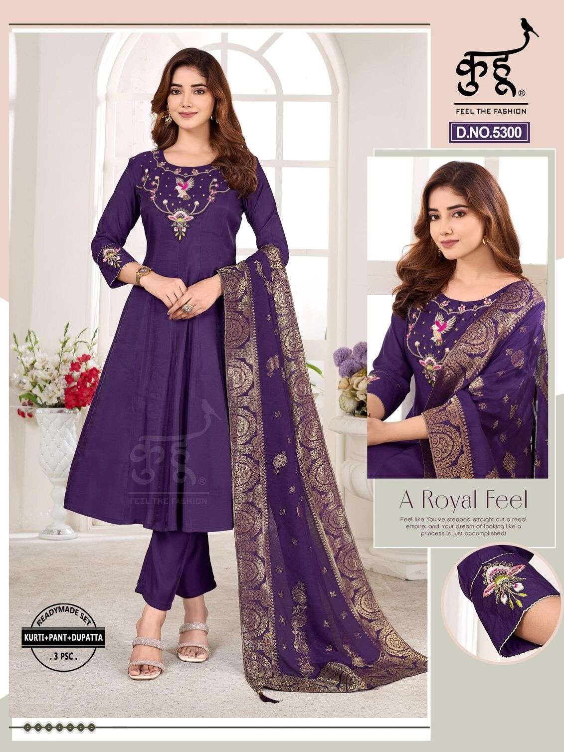 D.NO :- 5299 TO 5301 BY KUHOO IN FANCY FABRIC WITH EMBROIDERY WORK & JACQUARD DUPATTA 