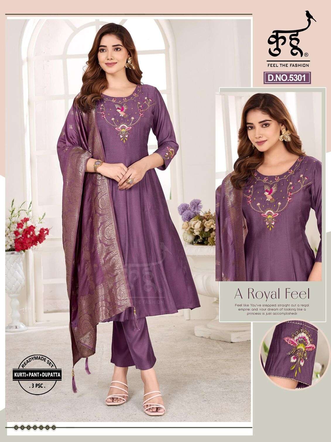 D.NO :- 5299 TO 5301 BY KUHOO IN FANCY FABRIC WITH EMBROIDERY WORK & JACQUARD DUPATTA 