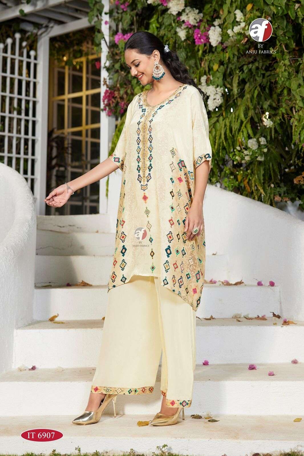 D.NO:- IT 6907 BY ANJU FABRICS IN PURE NATURAL CREPE DESIGNER KAFTAN KURTI WITH TULIP PANT