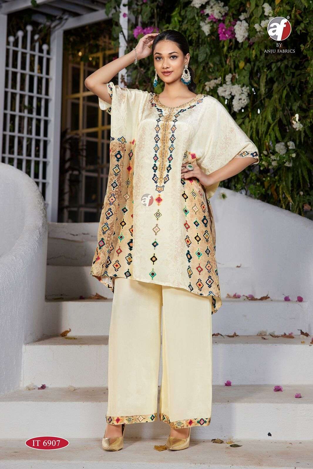 D.NO:- IT 6907 BY ANJU FABRICS IN PURE NATURAL CREPE DESIGNER KAFTAN KURTI WITH TULIP PANT
