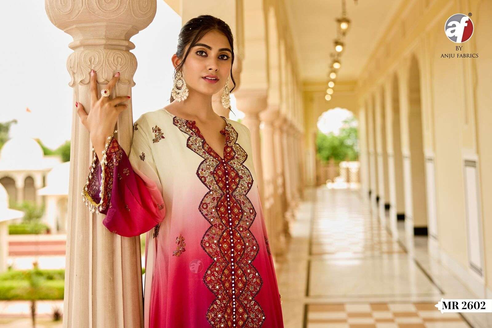 D.NO:- MR 2602 BY ANJU FABRICS IN PURE NATURAL CREPE WITH POSITION PRINT DESIGNER KAFTAN 