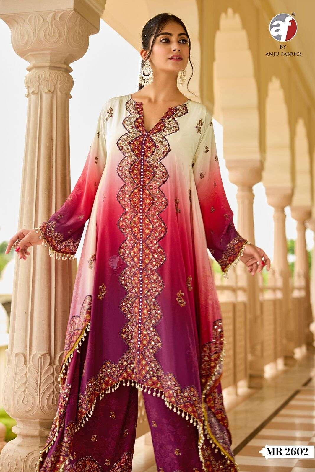 D.NO:- MR 2602 BY ANJU FABRICS IN PURE NATURAL CREPE WITH POSITION PRINT DESIGNER KAFTAN 