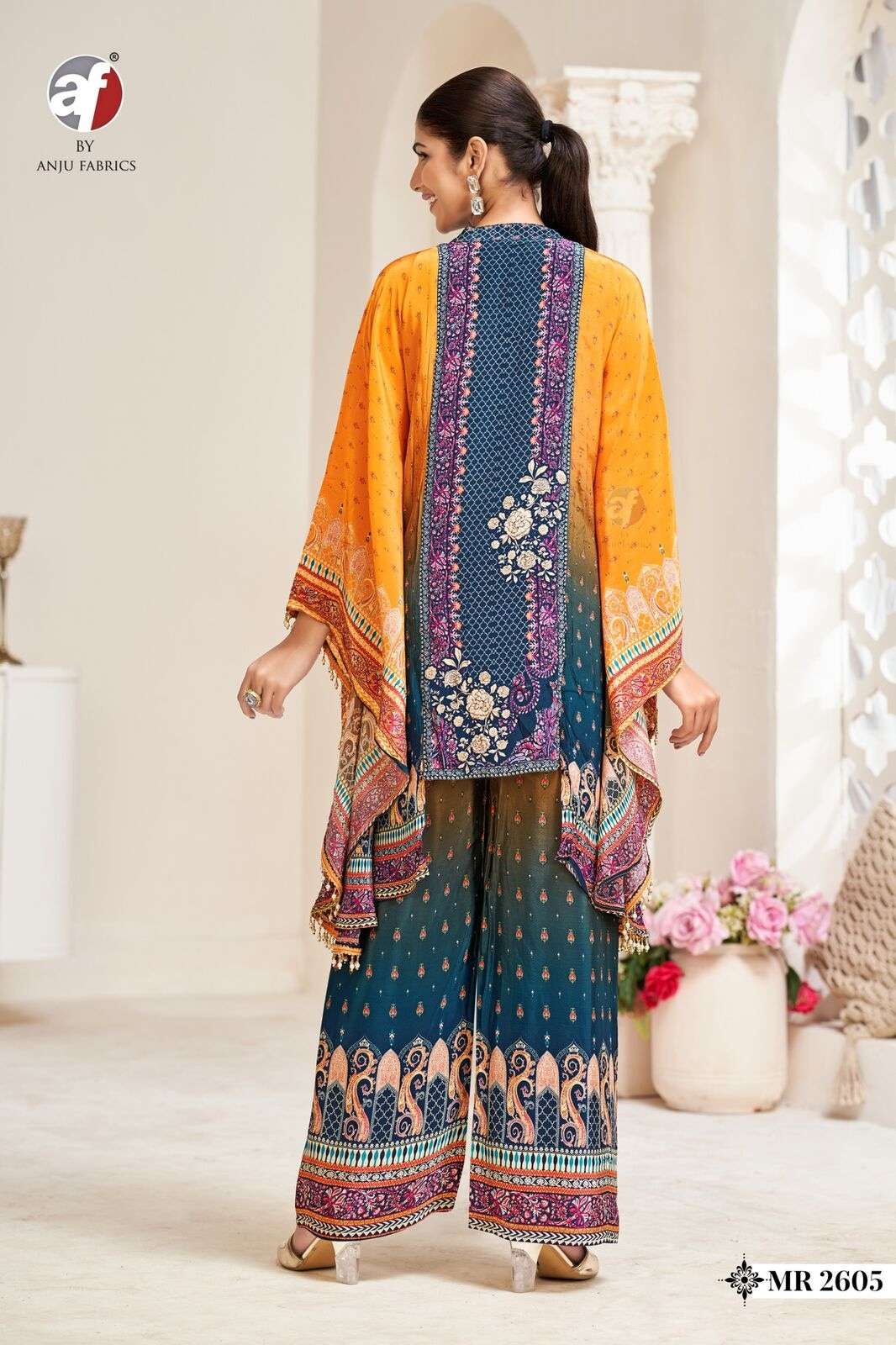 D.NO:- MR 2605 BY ANJU FABRICS IN PURE NATURAL CREPE WITH POSITION PRINT DESIGNER KAFTAN 