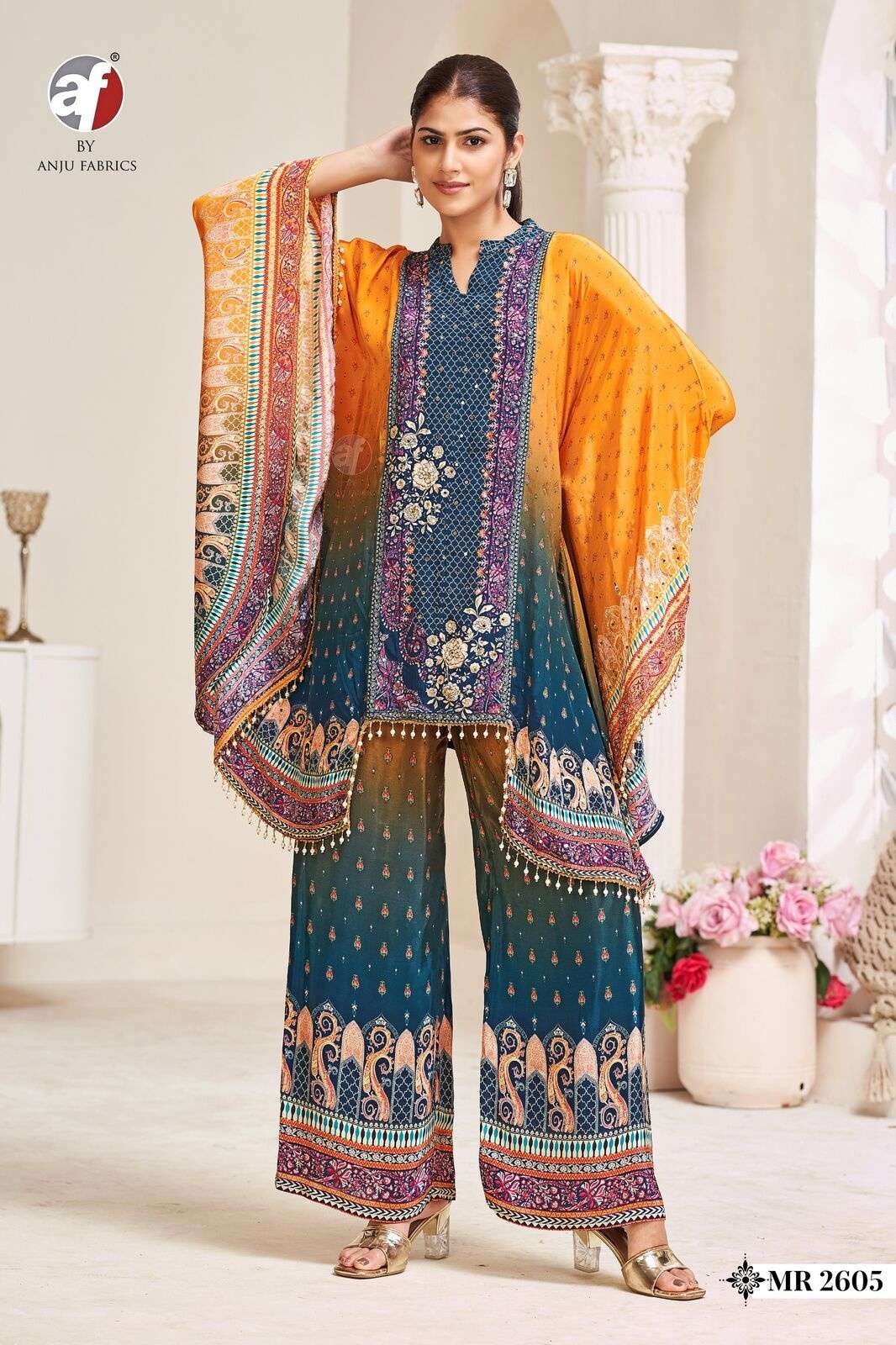 D.NO:- MR 2605 BY ANJU FABRICS IN PURE NATURAL CREPE WITH POSITION PRINT DESIGNER KAFTAN 